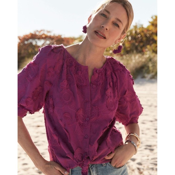 Tops - CHICO Magenta Floral Embroidered Puff Sleeve Button Front Blouse Boho Pink Top‎